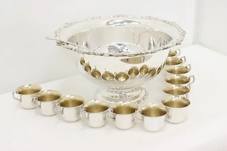 Main image of Georgian Silverplate 14 Pc Punch Bowl Set, Ladle, 12 Cups