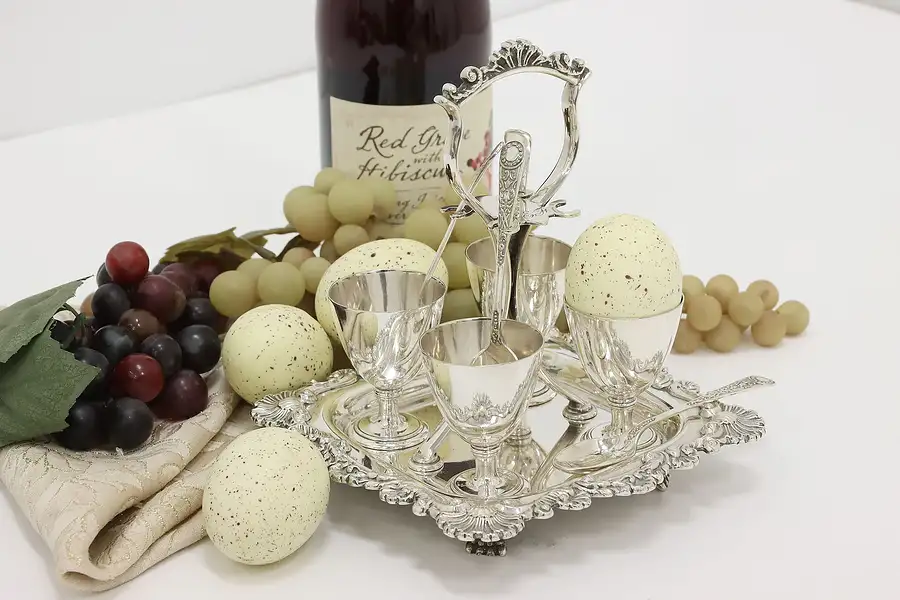 Main image of Victorian Antique Silverplate Egg Cup Set, Tray & Spoons HS