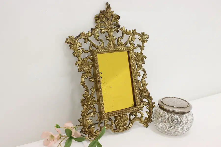 Main image of Victorian Antique Brass Ornate Wall Mirror, Yellow Glass