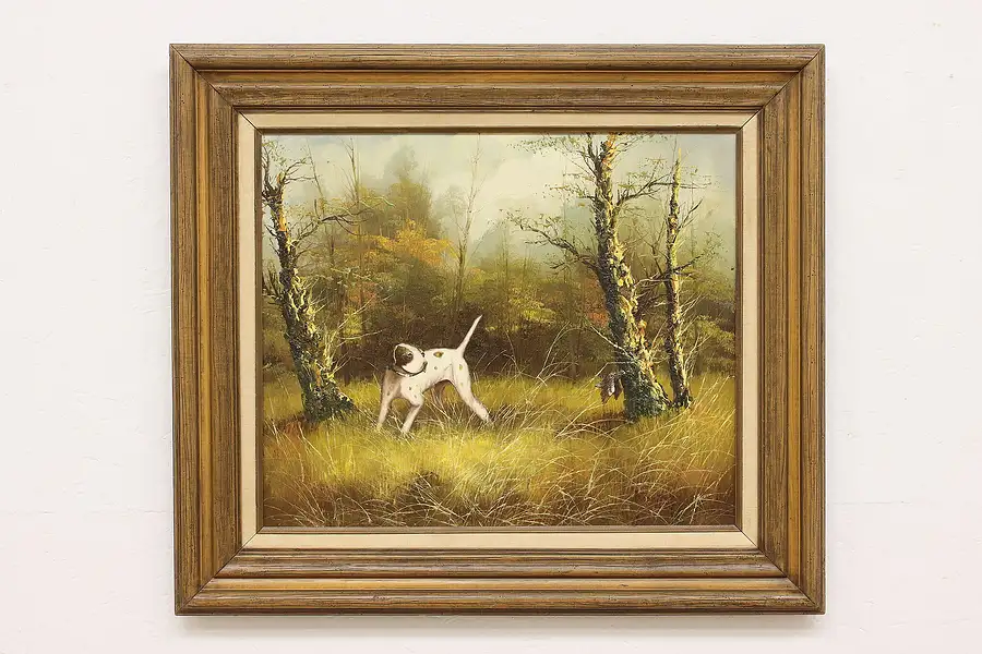 Dog Hunting Bird Vintage Original Oil Painting Kingman 32.5" #53789