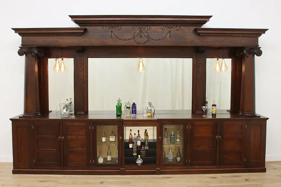 Victorian Antique Carved Oak & Marble 16' Lighted Back Bar #53668