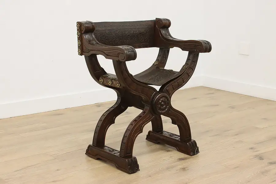 Main image of Spanish Colonial Antique Walnut & Leather Savonarola Chair, MJL