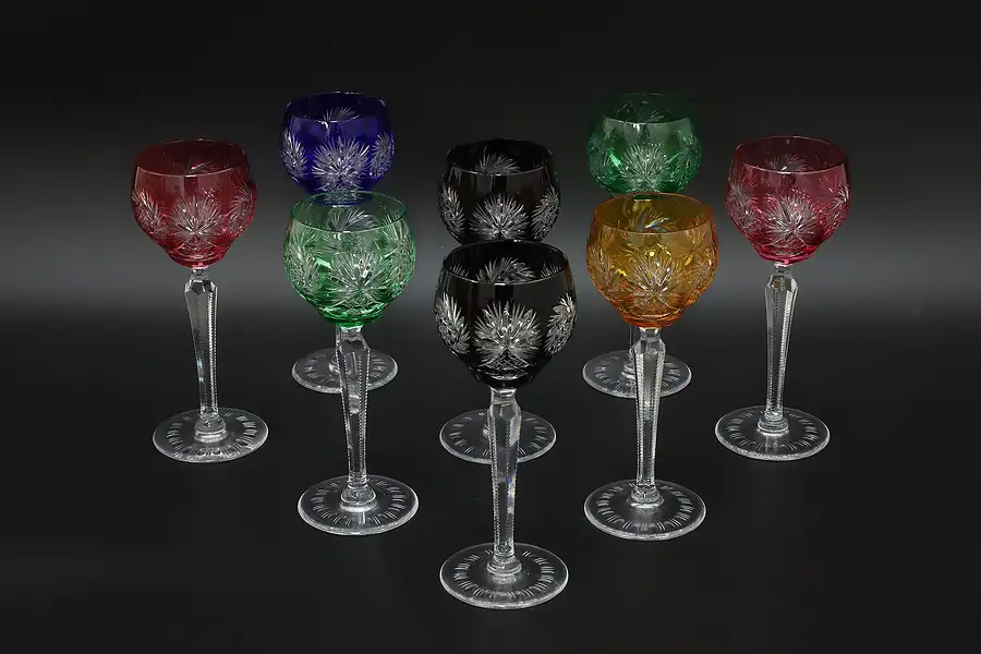 Main image of Set of 8 Vintage German Cut & Blown Colored Wine Glasses