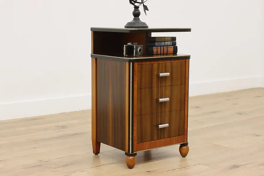 Main image of Art Deco Vintage Walnut & Nickel Nightstand Side End Table