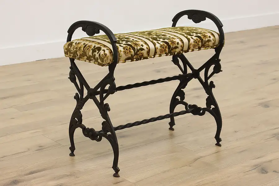 Main image of Victorian Antique Upholstered Cast Iron Boudoir Bench Storks