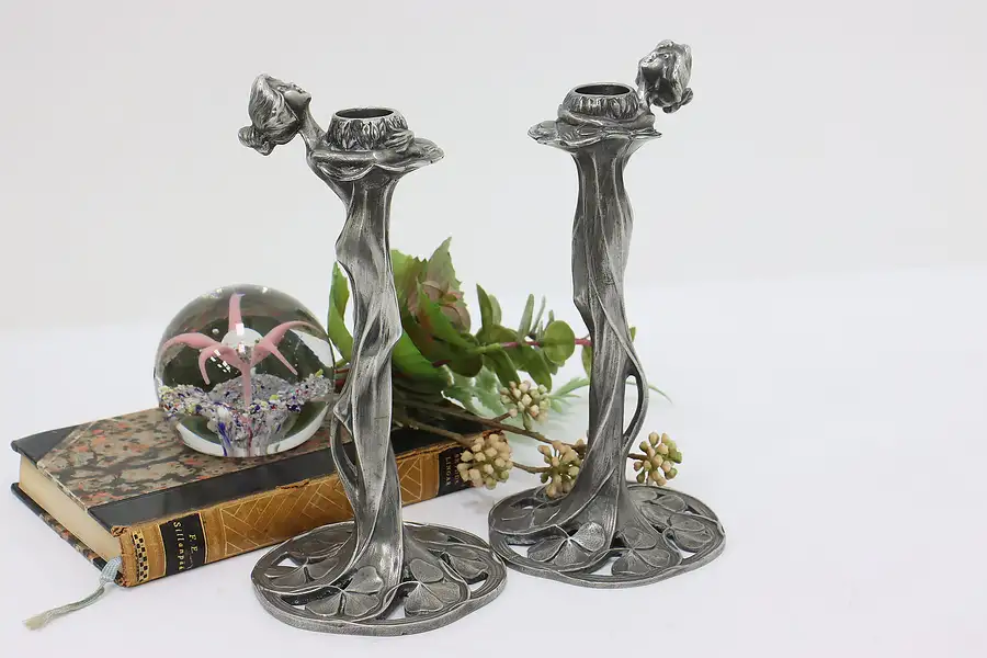 Main image of Pair of Art Nouveau Antique Pewter Candlesticks, Rubin