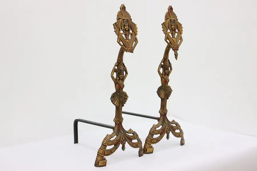 Main image of Pair of Art Deco Antique Iron Egyptian Dancer Andirons, Log