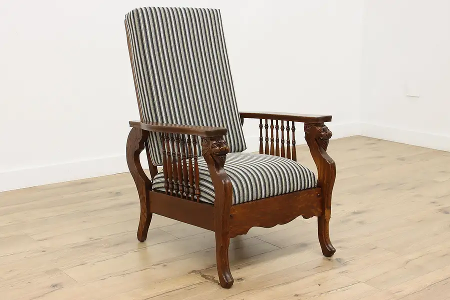Main image of Victorian Antique Oak Recliner Morris Chair Lions New Fabric