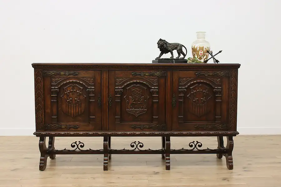 Main image of Spanish Colonial Antique Carved Oak Sideboard or TV Console