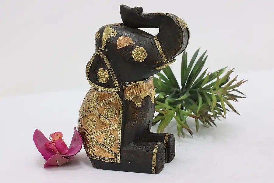 Main image of African Vintage Carved Elephant Sculpture w/ Brass Mounts