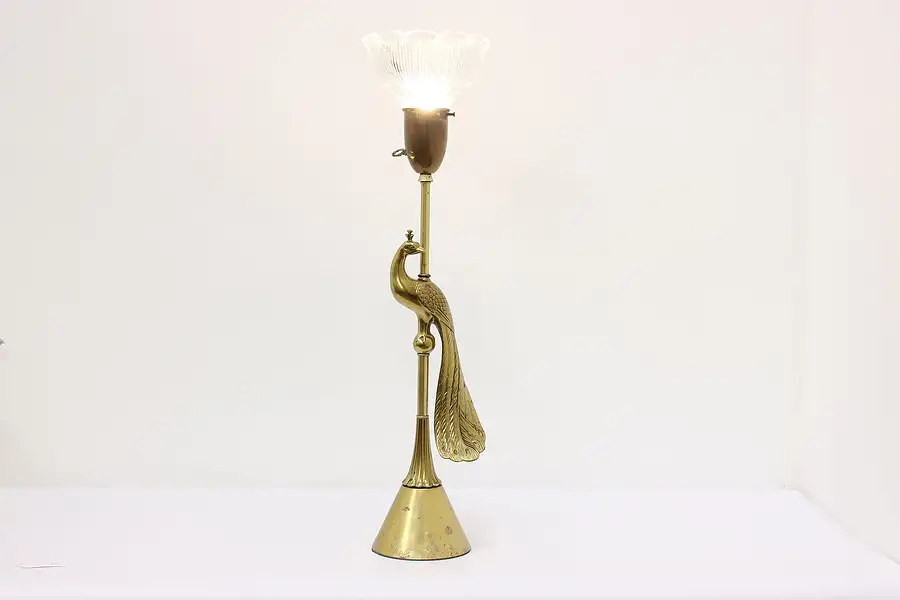 Main image of Art Deco Vintage Brass Peacock Table Lamp, Rembrandt