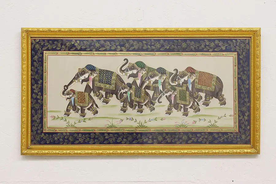 Main image of Indian Elephant Parade Vintage Original Silk Painting 35"