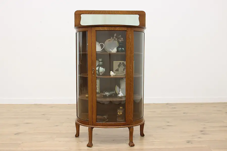 Main image of Victorian Antique Oak Curved Glass China Curio Cabinet