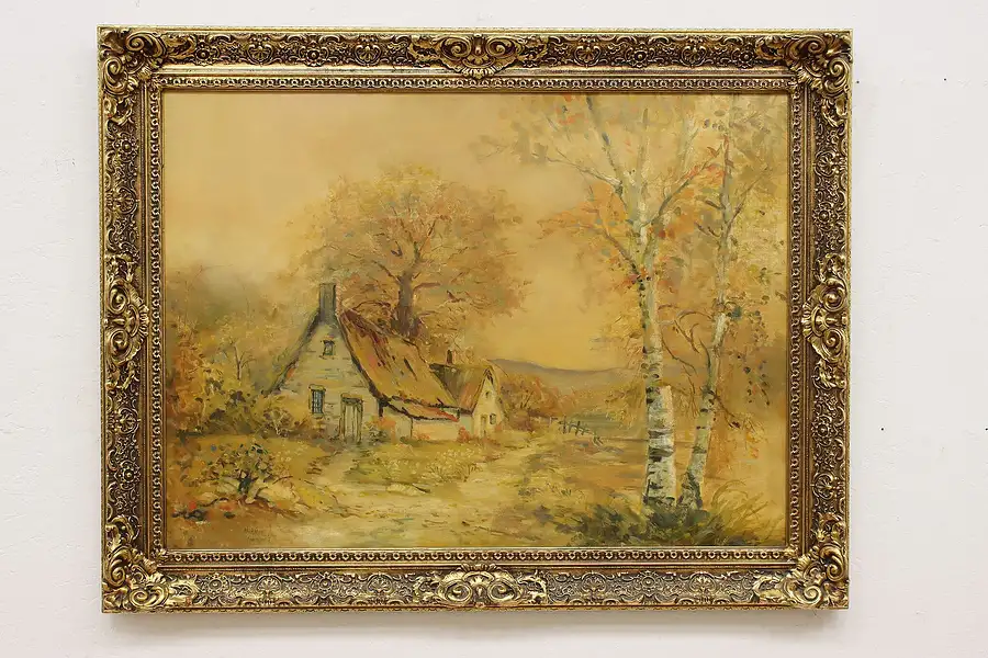 Main image of Autumn Cottage Vintage Original Oil Painting Rockwell 45"