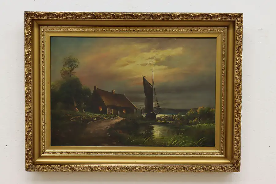 Main image of Lakeside Harbor Cottage Antique Original Oil Painting 38"