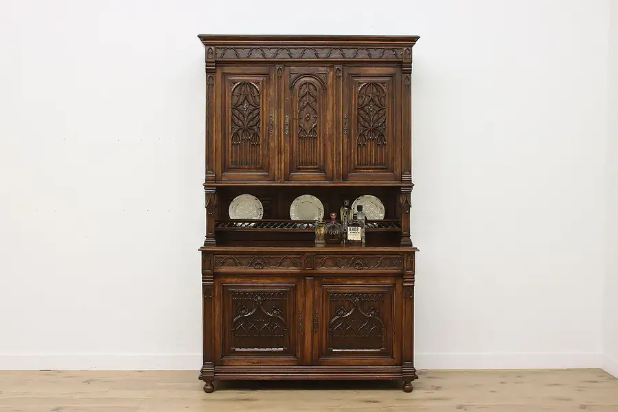 Main image of French Gothic Antique Carved Oak Sideboard or Bar Cabinet