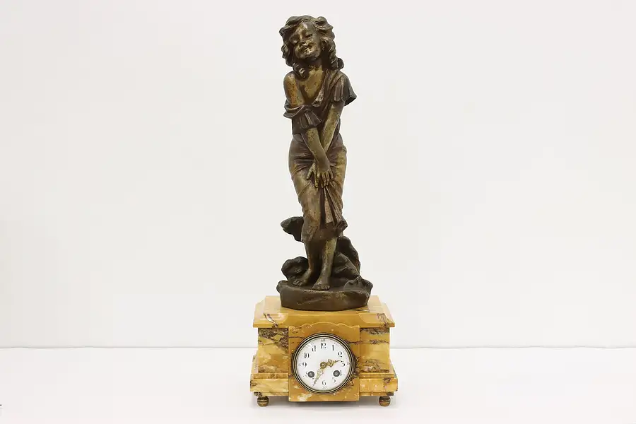 Main image of French Antique Brass & Marble Young Girl Mantel Clock