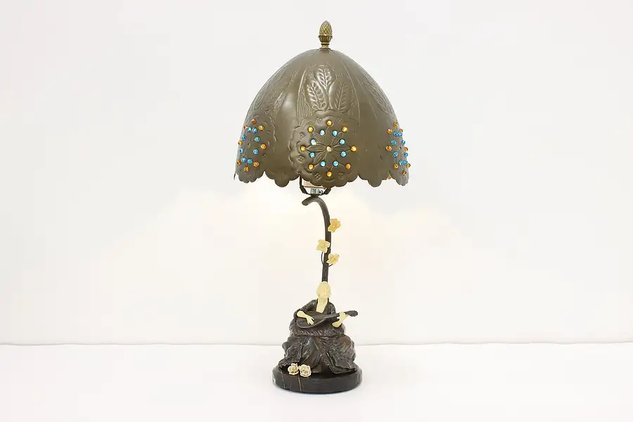 Main image of Victorian Antique Brass & Bronze Lamp, Lady with Guitar