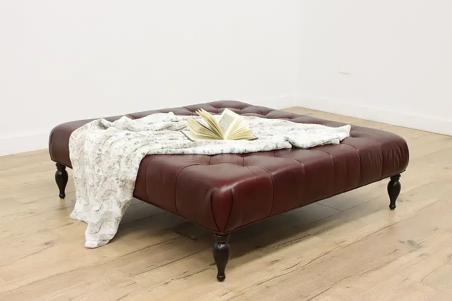 Main image of Georgian Vintage Tufted Red Leather Ottoman, Hardware