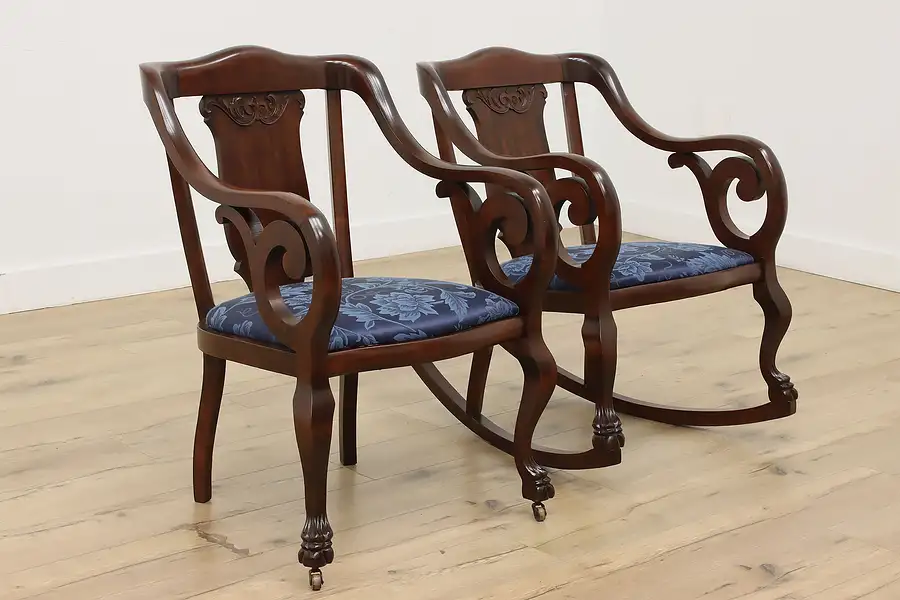 Main image of Pair Empire Antique Mahogany Arm Chair & Rocker, New Fabric