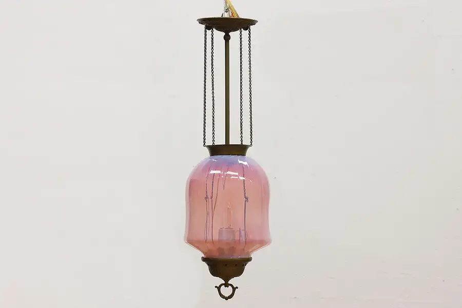 Main image of Victorian Antique Brass Pink Shade Hanging Lamp