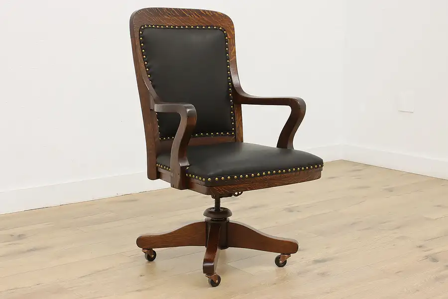 Main image of Victorian Antique Oak & Leather Desk Chair, B.L Marble