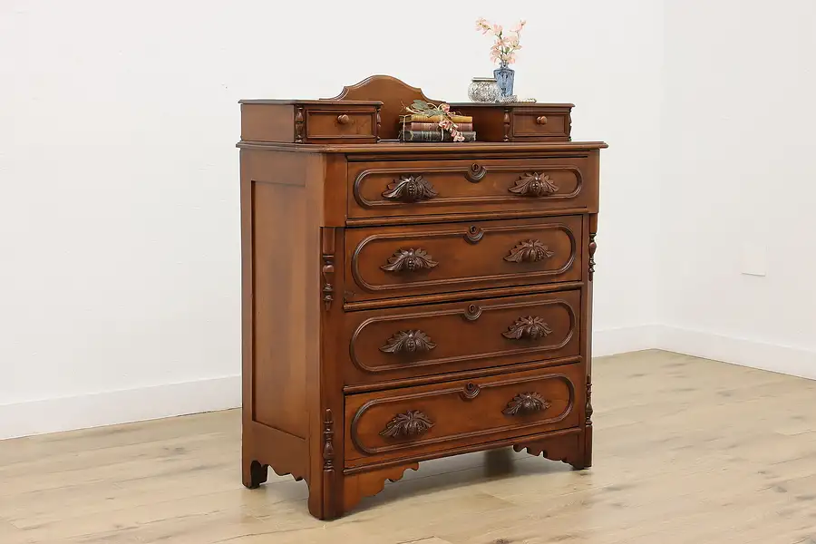 Main image of Victorian Antique Walnut Dresser or Chest Carved Fruit Pulls