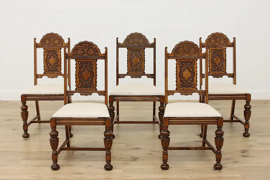 Main image of Set 5 Tudor Vintage Carved Oak & Upholstered Dining Chairs
