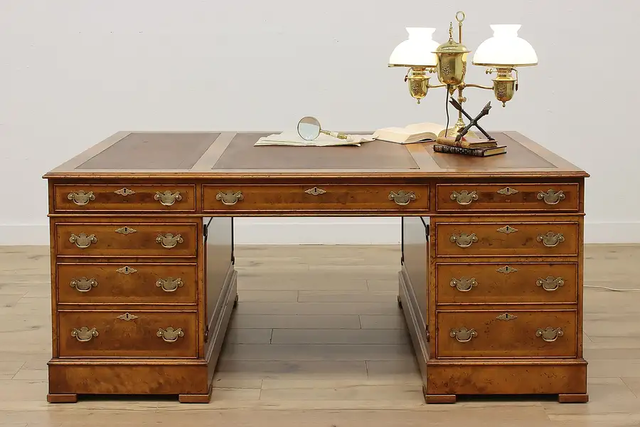 Main image of Georgian Vintage Walnut Burl Partner Desk Leather, Yorkshire