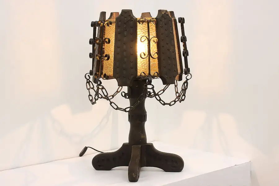 Main image of Gothic Vintage Pine & Iron Chain Lamp with Glass Shade