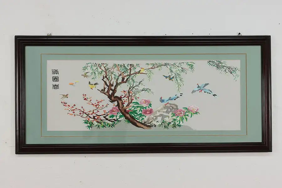Main image of Framed Chinese Vintage Silk Hand Embroidery Birds Panel 51"