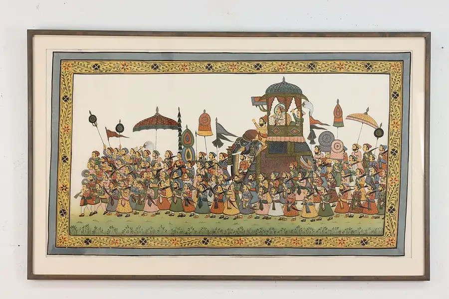 Main image of Indian Antique Gouache Silk Painting Royal Procession 43.5"