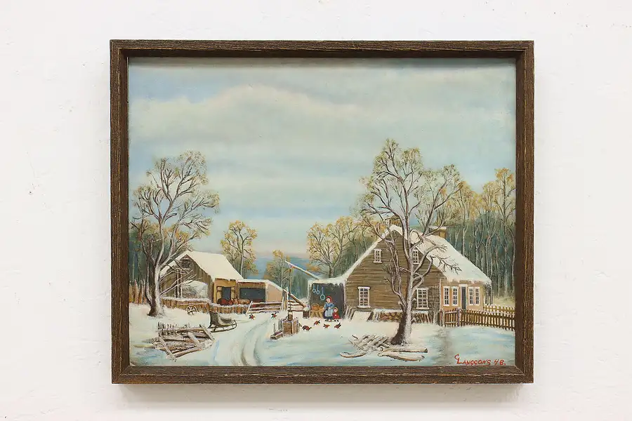 Main image of Winter Farm Vintage Original Oil Painting, Langgons 21.5"