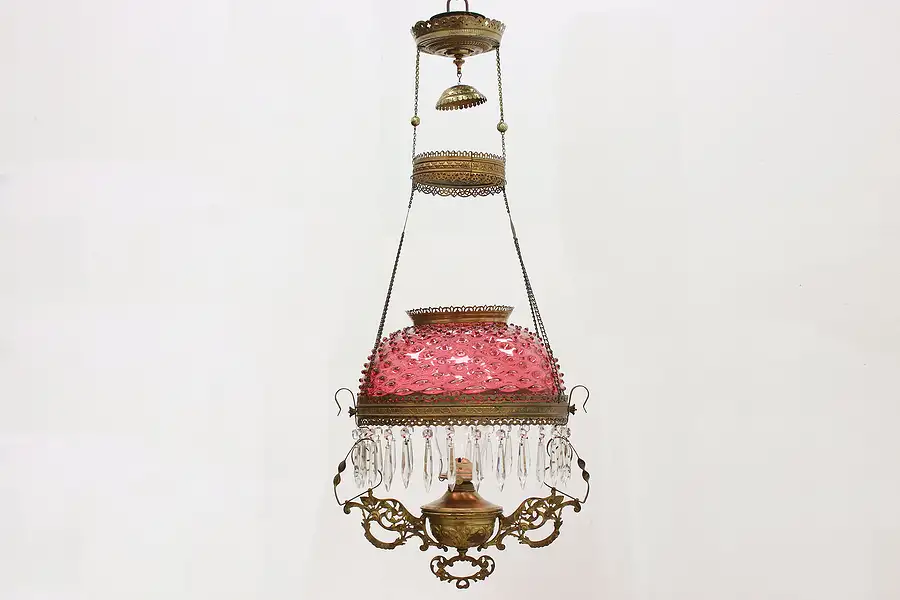 Main image of Victorian Antique Cranberry Hobnail Glass Oil Chandelier