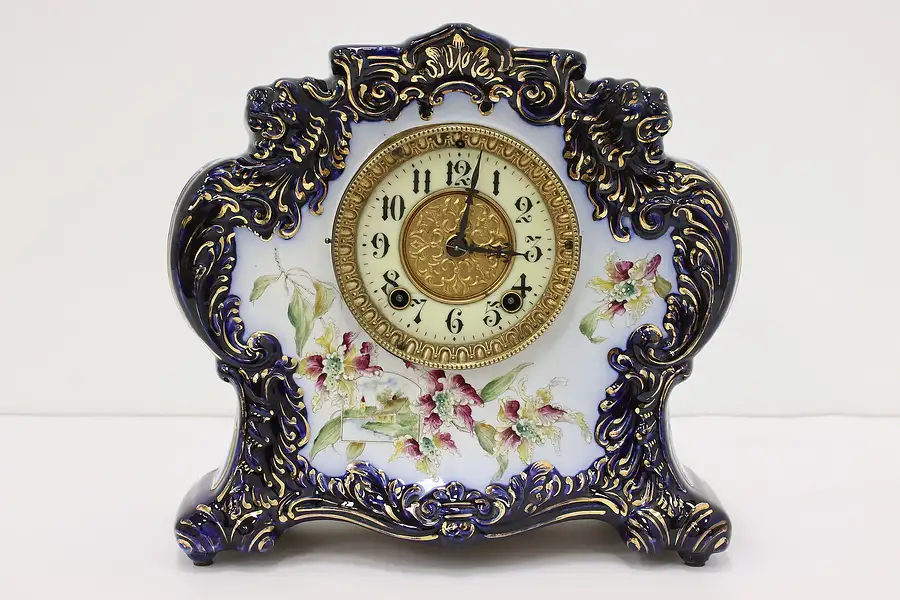 Main image of Victorian Antique Cobalt Porcelain Mantel Clock, Gilbert