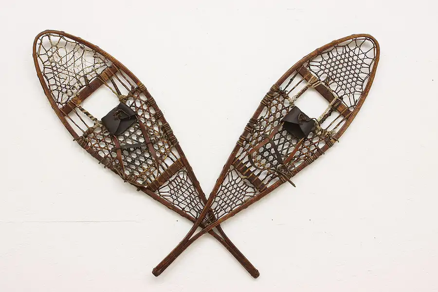 Main image of Pair of Farmhouse Vintage Ash & Leather Snowshoes, Signed