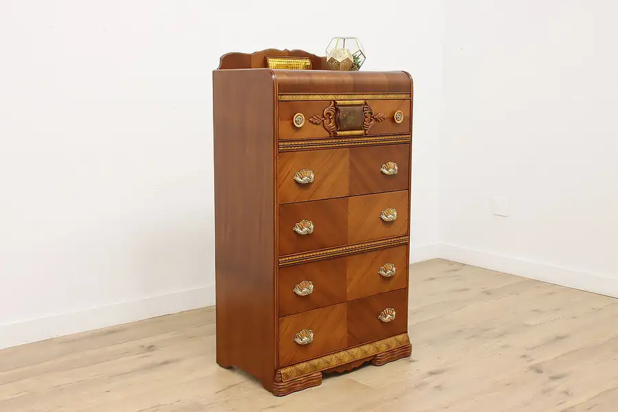 Main image of Art Deco Waterfall Vintage Carved Oak Dresser or Chest
