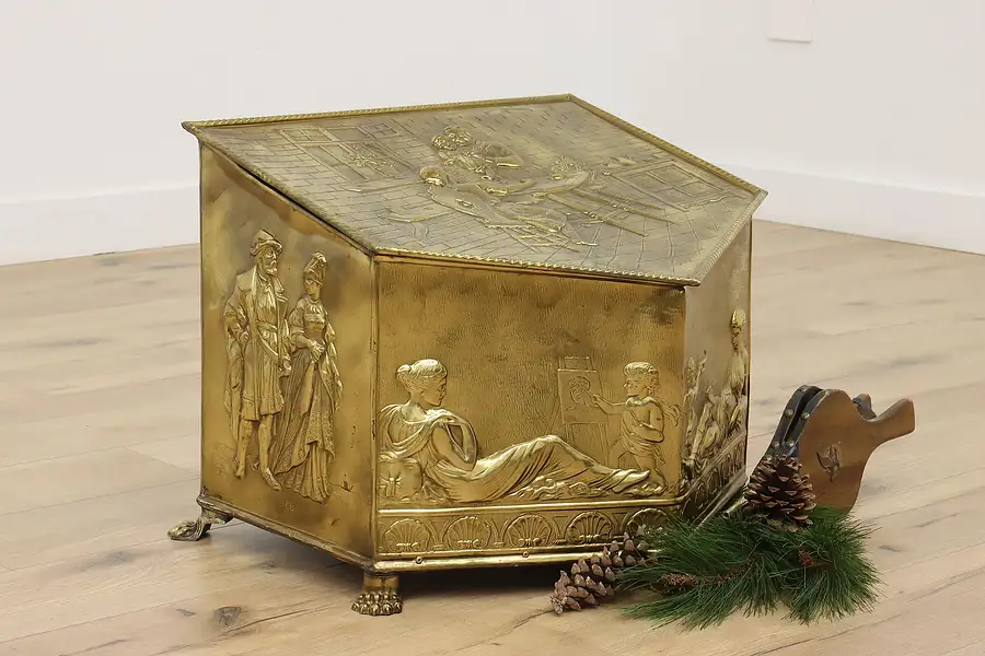 Main image of Farmhouse Vintage Brass Fireplace Kindling Wood Box, Lobelia