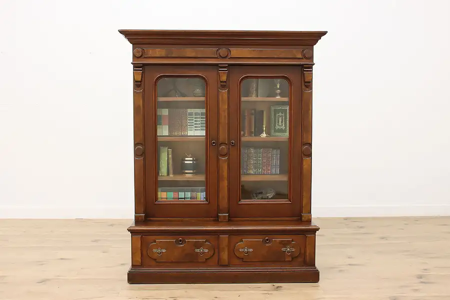 Main image of Victorian Eastlake Antique Walnut Office Library Bookcase