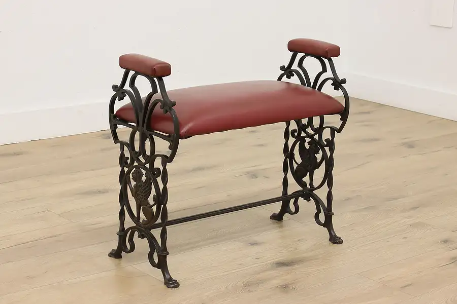 Main image of Art Deco Antique Cast Iron Boudoir or Hall Bench New Leather