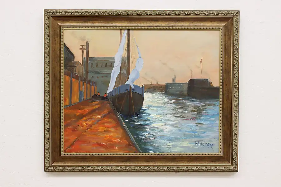 Main image of Boat on River Dock Vintage Original Oil Painting Maeder 37"