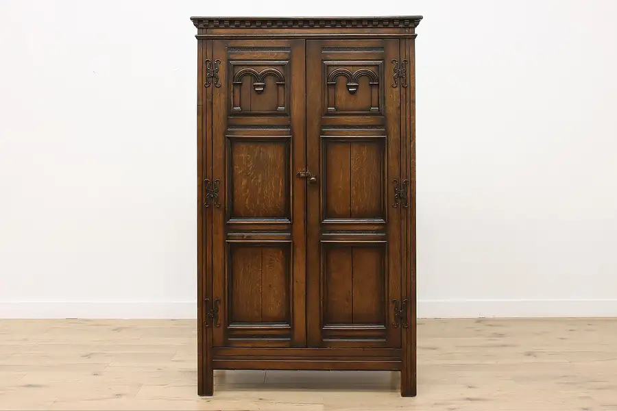 Main image of Tudor Design Antique Carved Oak Wardrobe Closet or Armoire