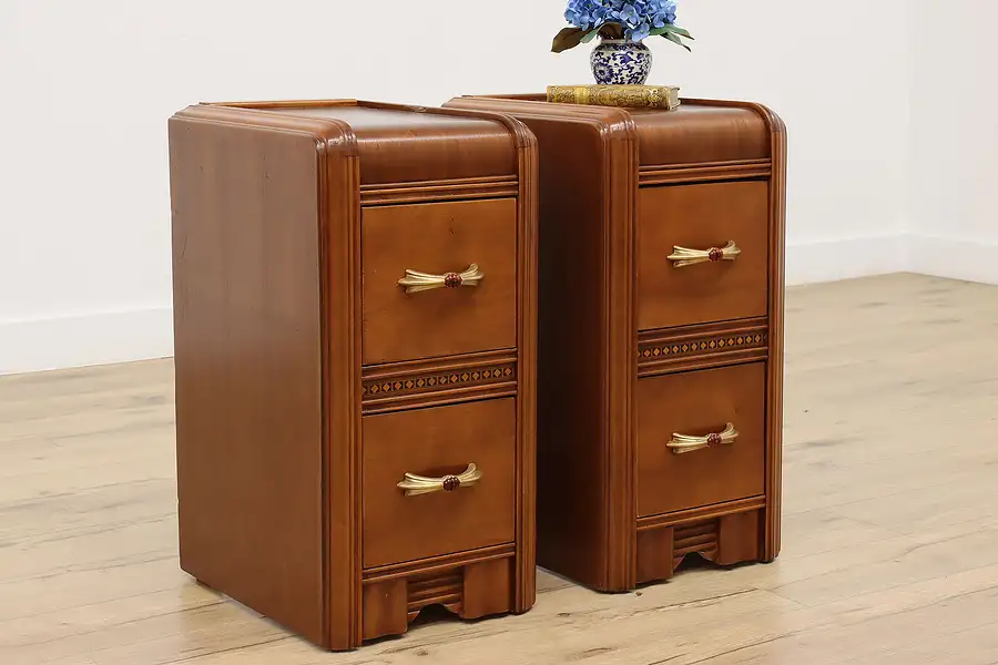 Main image of Pair of Art Deco Vintage Waterfall Nightstands or End Tables