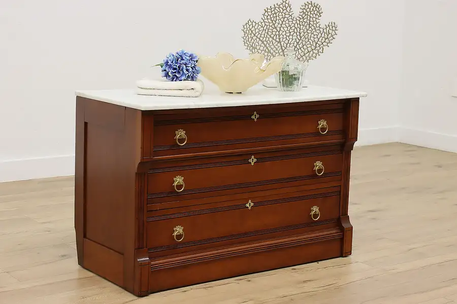 Main image of Victorian Eastlake Antique Cherry Low Dresser Chest, Marble