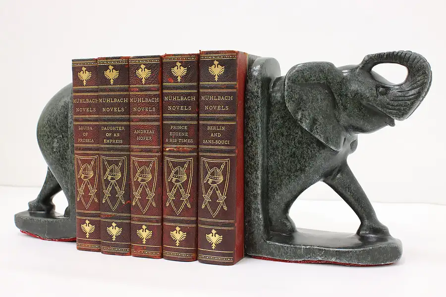 Main image of Pair of Vintage Carved Soapstone Elephant Library Bookends