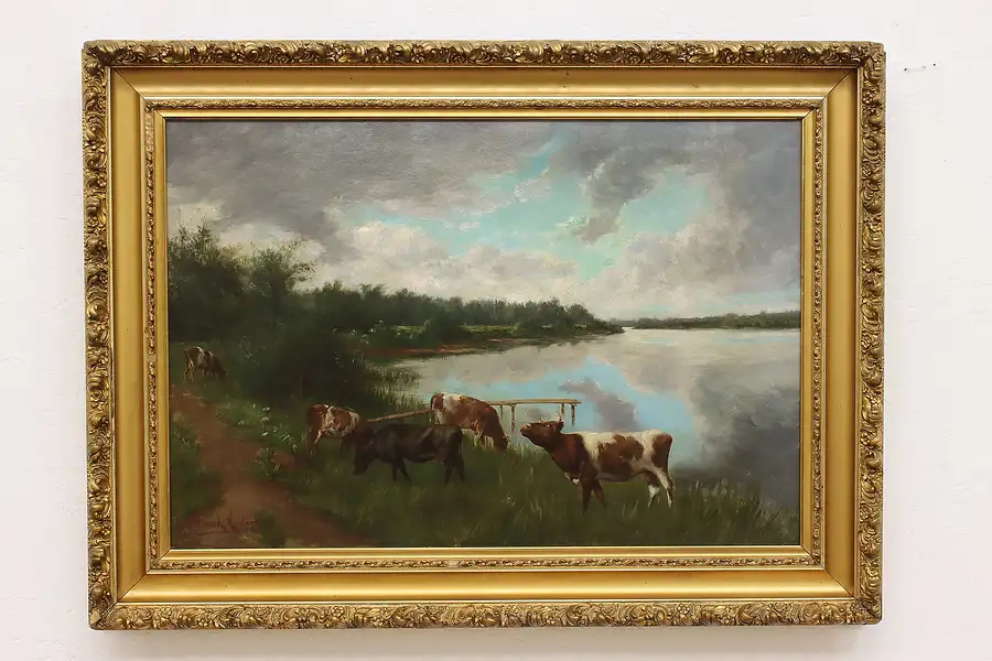 Main image of Cows out to Pasture Antique Original Painting Enders 41.5"