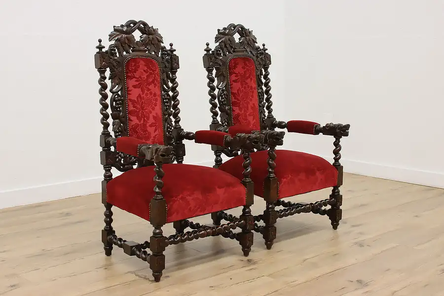 Main image of Pair of Black Forest Antique Oak Throne Chairs, Wolf Arms