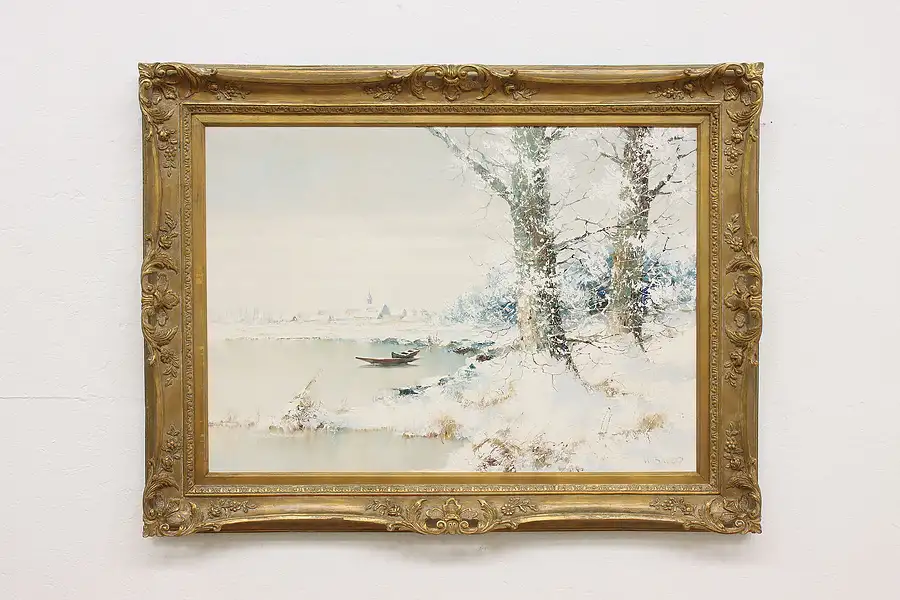 Main image of Snowy Village Vintage Original Oil Painting, Bauer 47"