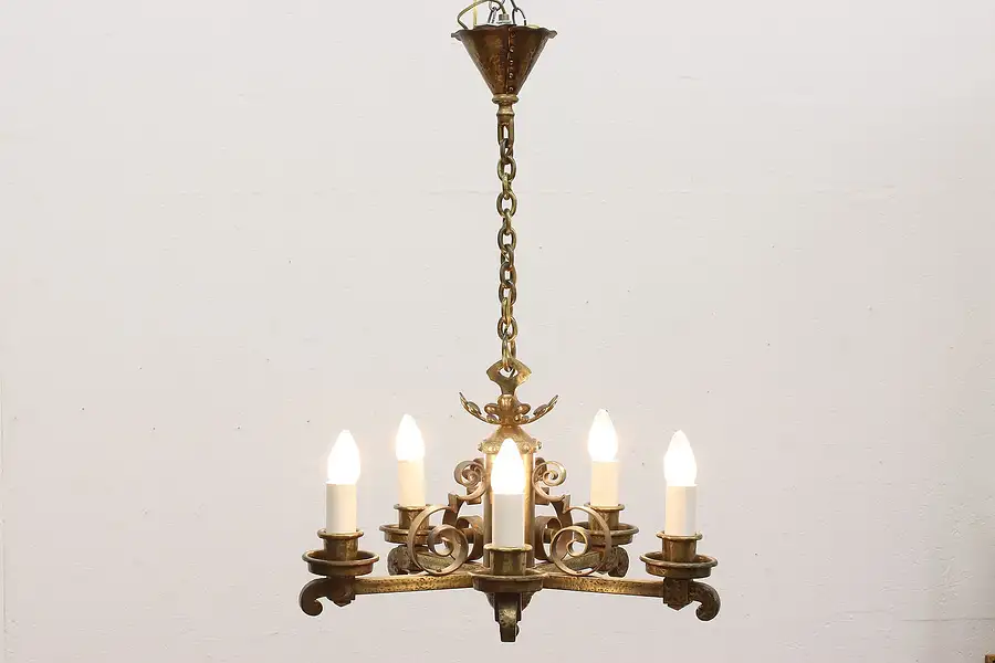 Main image of Medieval Design Vintage Brass Plated 5 Arm Chandelier