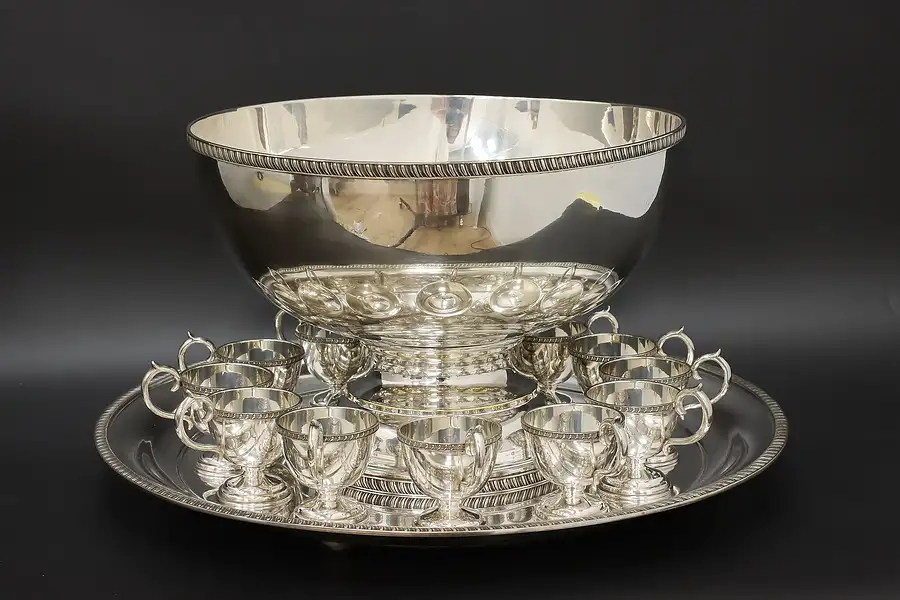 Main image of Traditional Antique Silverplate Punch Bowl, Tray & 12 Cups